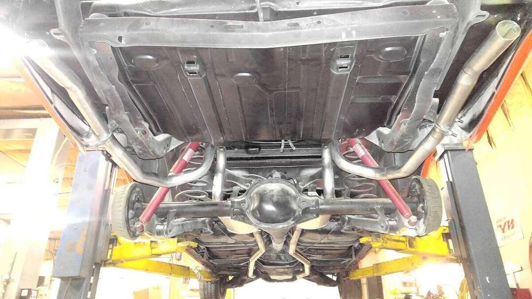 Completed custom dual-exhaust system viewed from below
