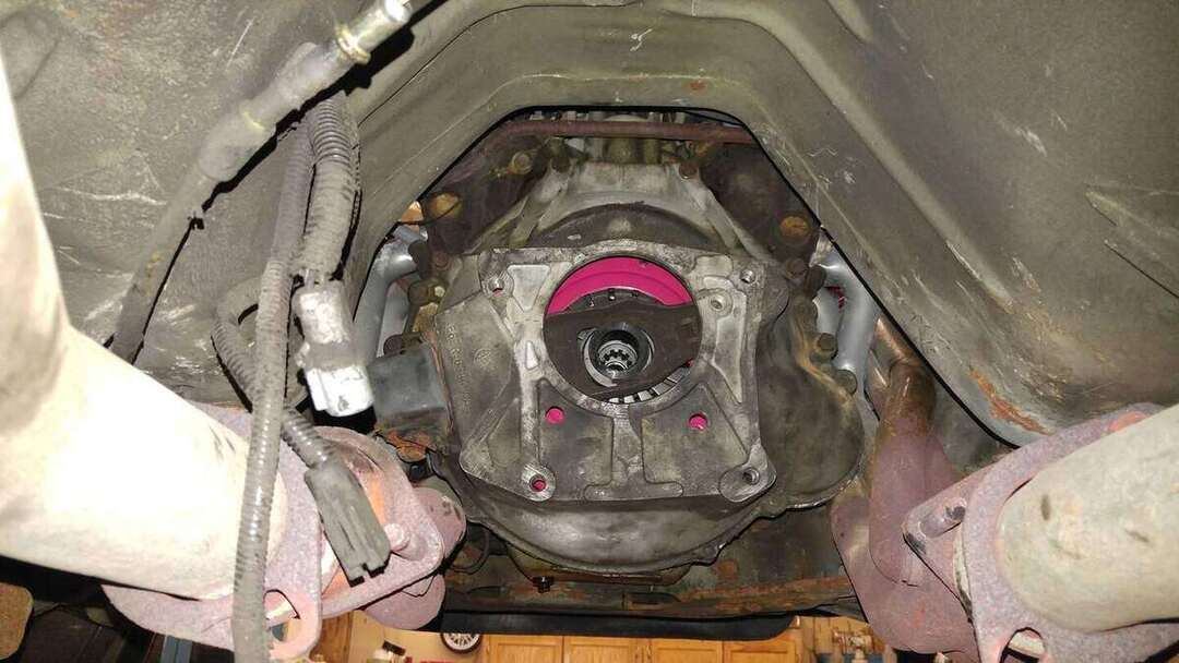 Mustang transmission area viewed from beneath the car