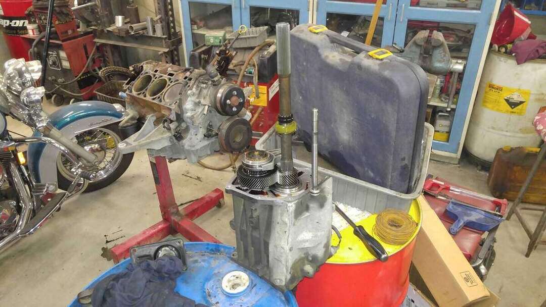 Mustang transmission components organized for repair