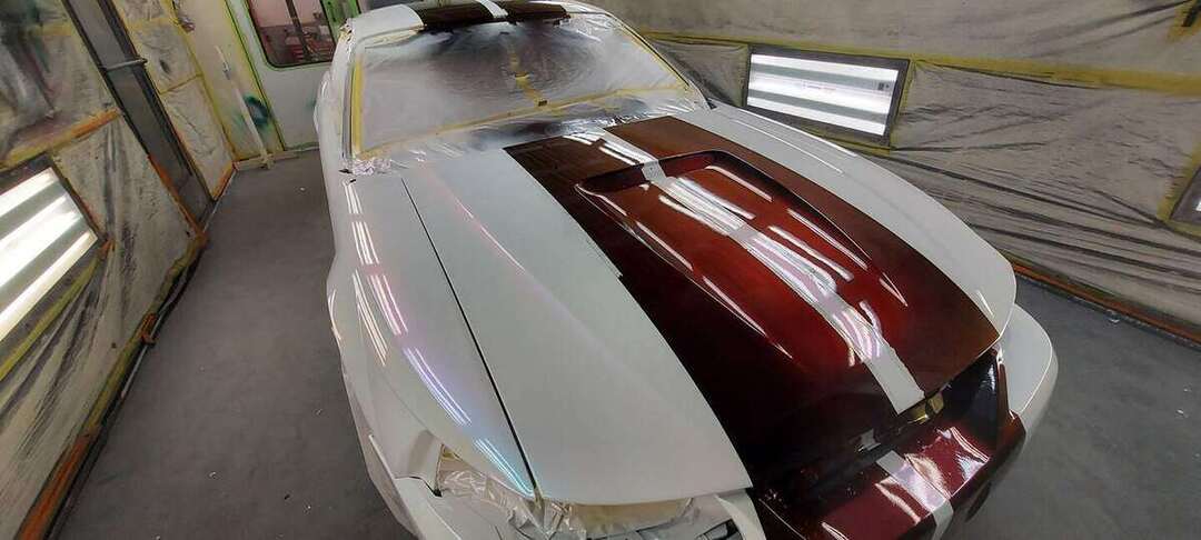 Gloss burgundy hood stripes viewed from above