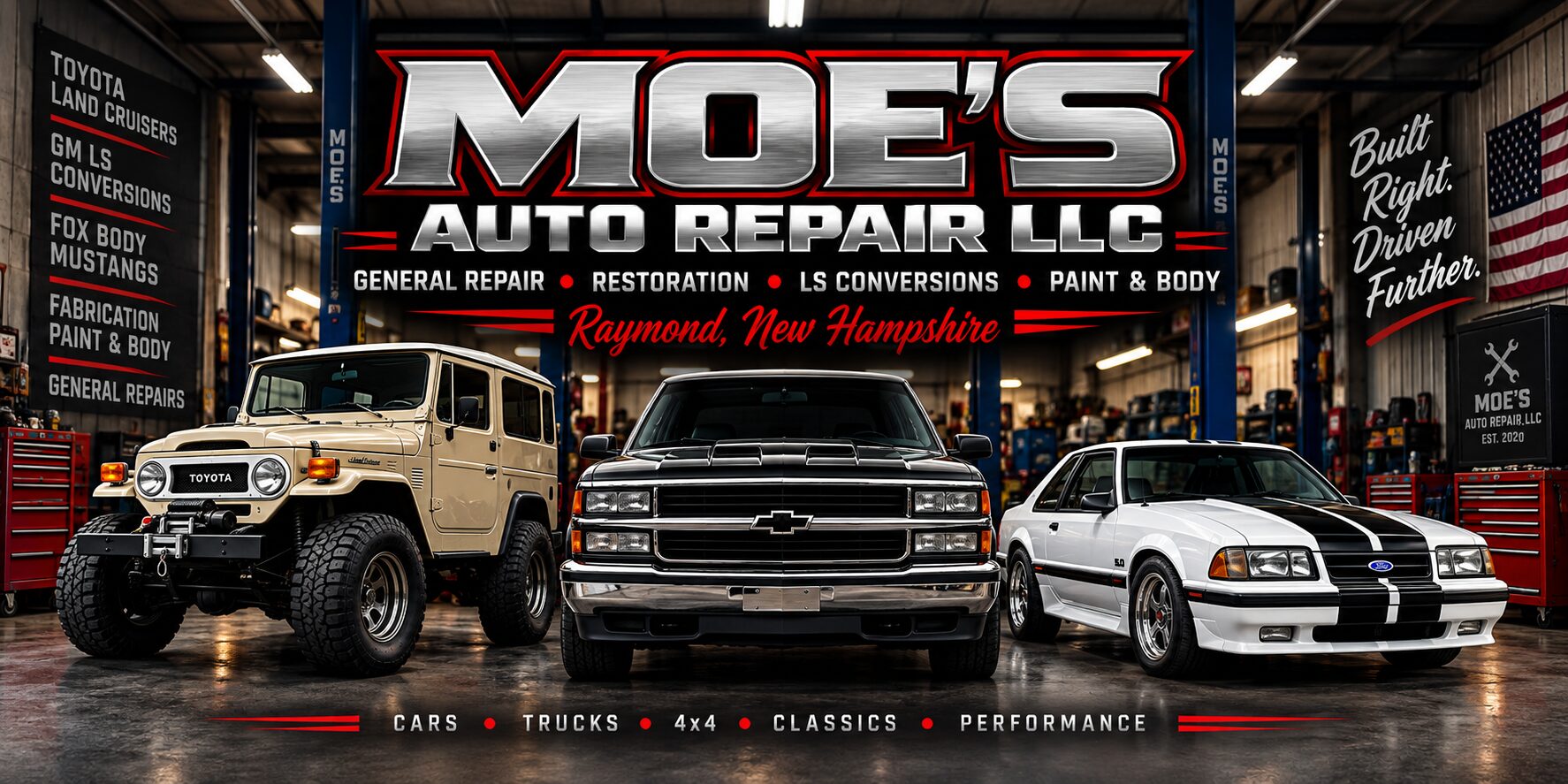 Moe's Auto Repair garage featuring a classic Toyota Land Cruiser, Chevrolet truck, and Fox-body Mustang