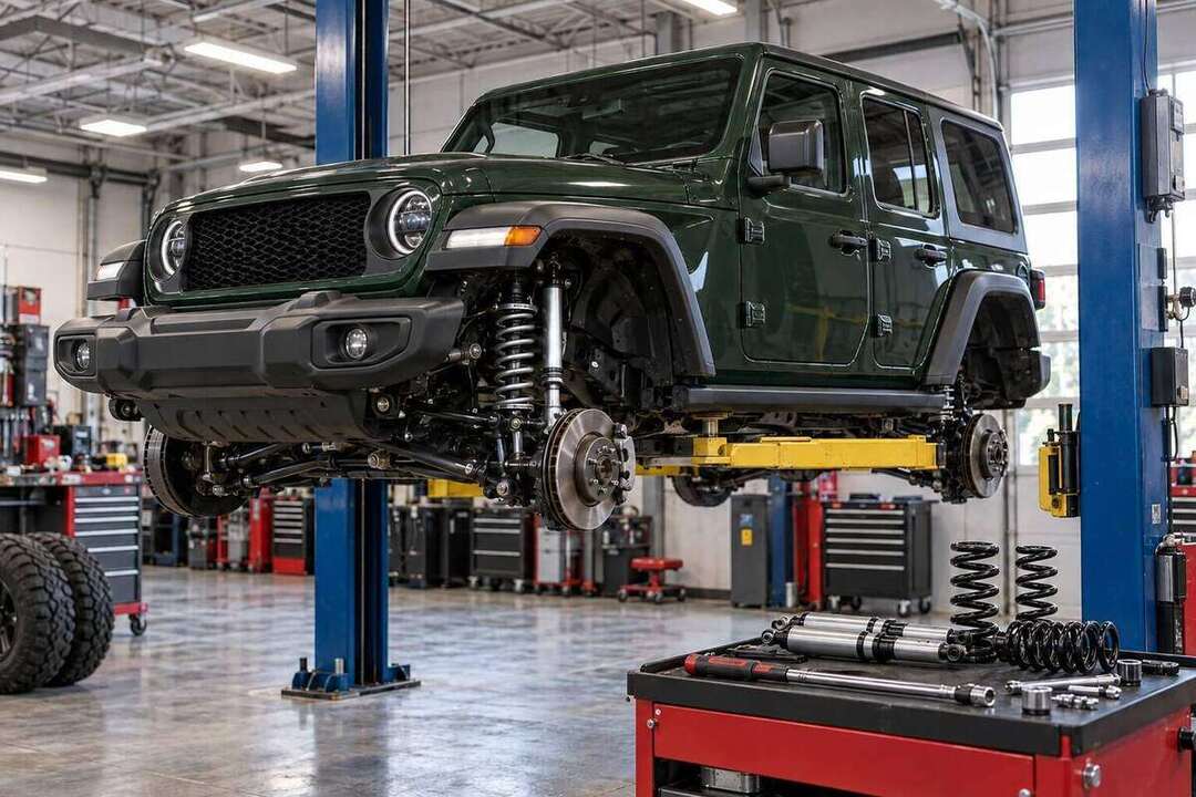 Representative unbranded four-door off-road SUV receiving a suspension upgrade in a professional repair shop