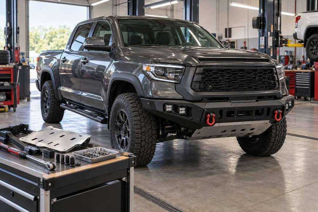 Representative full-size pickup with practical off-road bumper, recovery, skid-plate, step and lighting upgrades